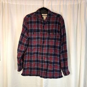 LL Bean Mens Flannel Shacket Sherpa Lined Plaid Button Front Shirt Maroon Blue